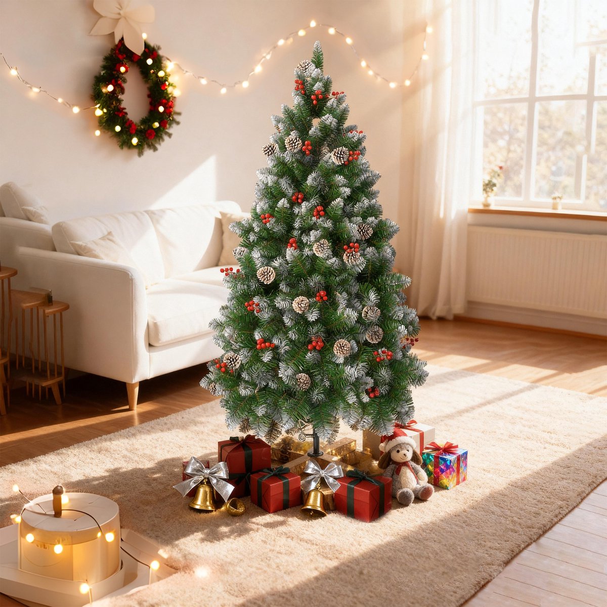 Automatische Kerstboom – 180cm Kunstkerstboom – met Witte Punten & Dennenappels – foto 6
