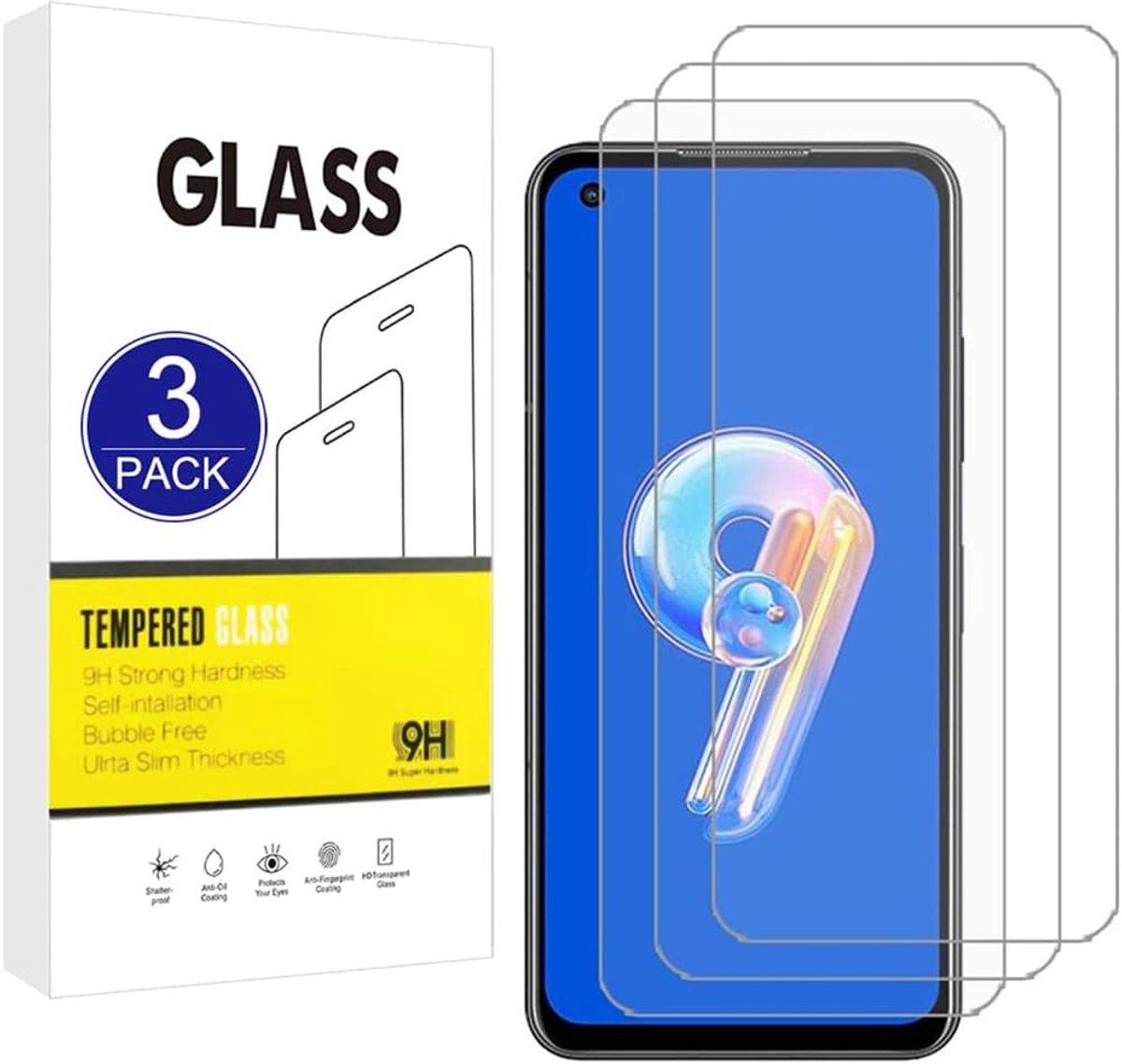 Schermbeschermer Compatibel met ASUS Zenfone 9, 3 Pack [9H Hardheid,Hoge Gevoeligheid,Breukvast] 2.5D High Definition Gehard Glasfolie voor ASUS Zenfone 9