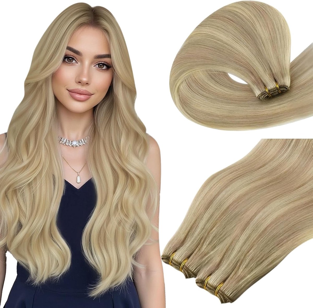 60 cm extensions van echt haar, lokken om in te naaien, middenblond met gouden highlights, Remy mensenhaar voor voller haar, 100 g #P16/22