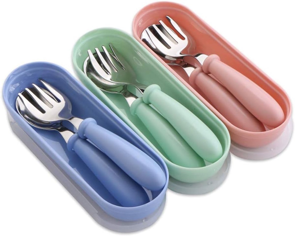 Vork en lepel 3 Set, Peuter gebruiksvoorwerpen Lepels Vorken Servies Set met Reizen Safe Draagtas voor Kinderen Zelf Voeden, Baby gebruiksvoorwerpen Zelf Voeden Lepels Zilverwerk Set voor Keuken Thuis Gebruik