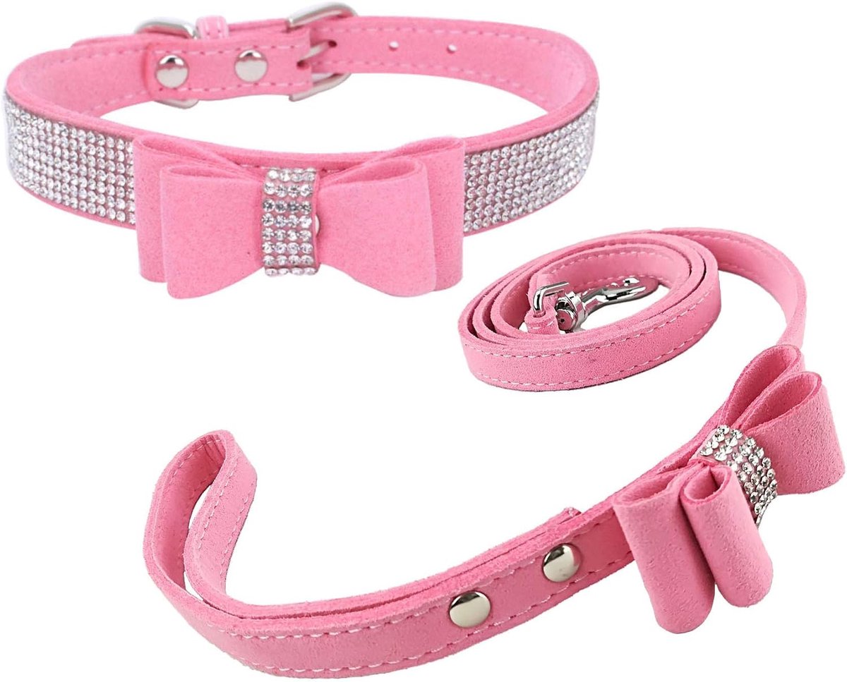 Hondenhalsband en Lijn met Vlinderdas Bling Puppy Halsband met Strik voor Hond - Roze - XXS