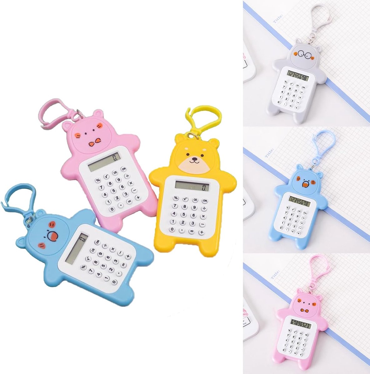 3-pack mini zakrekenmachines, 8-cijferige display basisrekenmachine, schattige cartoon beer rekenmachine, draagbare kleine rekenmachine met sleutelhanger voor school student kantoor, willekeurige