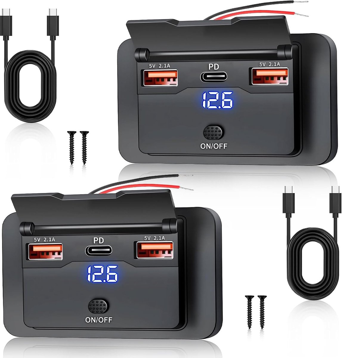 2 stuks 51W 3-poorts 12V USB-stopcontact opbouw 36W PD & USB 5V 2,1A