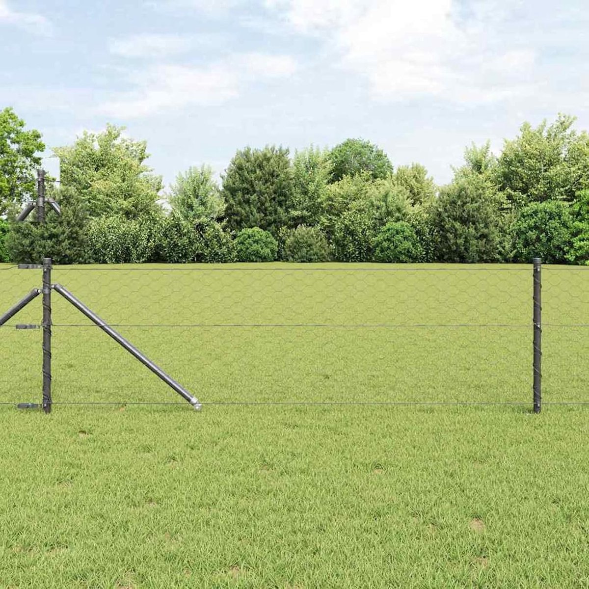 Zeshoekige omheining, grijs, 0,6 x 50 m, hekpalen met spikes, 13 stuks, Ø 32 mm, 80 cm, gegalvaniseerd staal, hekstangen metalen palen voor draadhekken, tuinhek, wilgenhek buiten