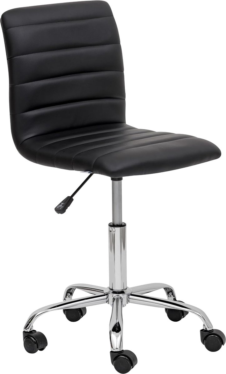 Home Bureaustoel van kunstleer zonder armleuningen met wielen, draaibare bureauzitting met stalen wielen voor studie en werk, 85 x 47 x 40 cm, zwart
