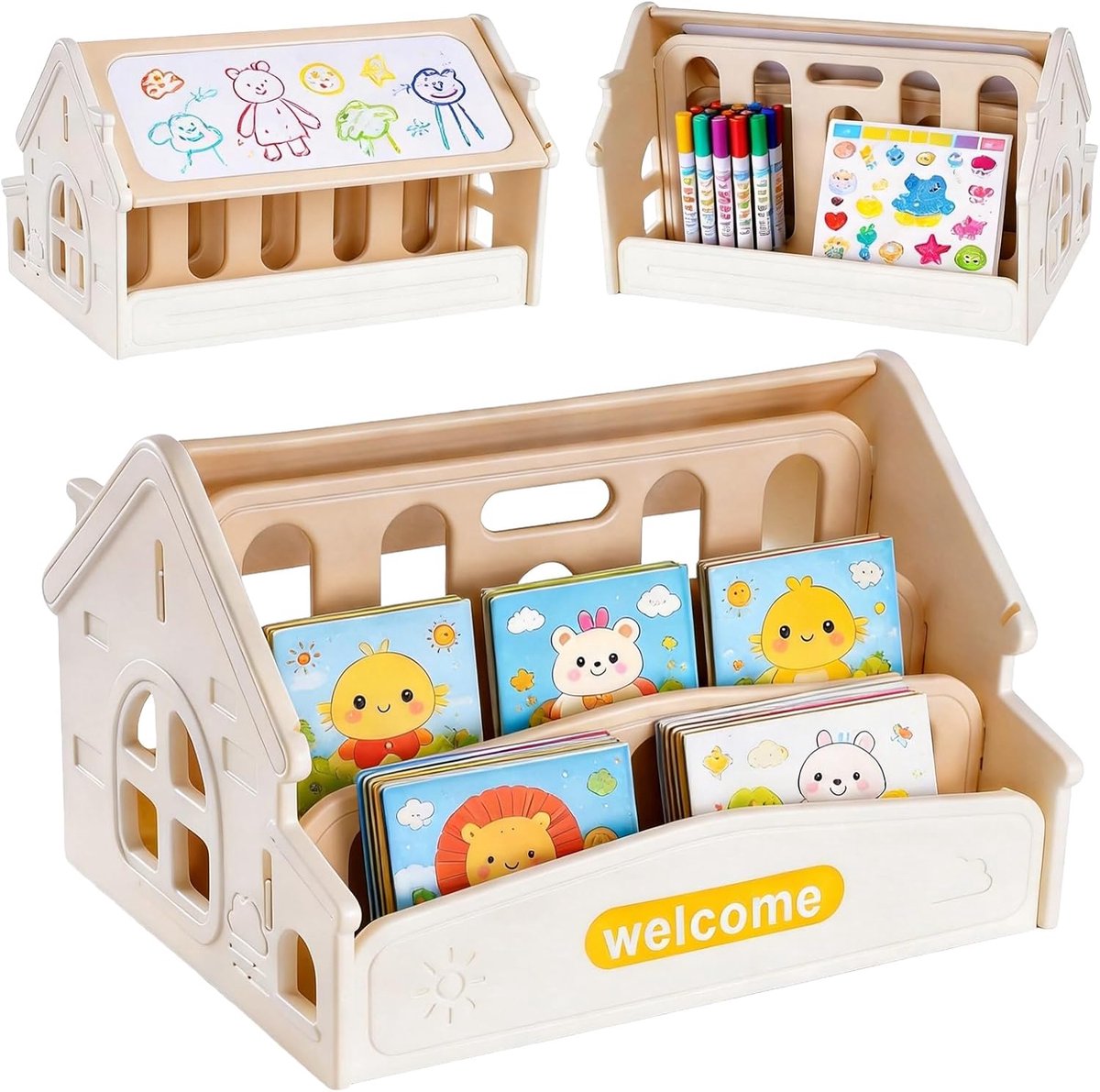 Boekenkast voor kinderen met whiteboard, handgreep, 3 open vakken, 1 opbergvakken, draagbaar boekenrek voor peuters, zonder gereedschap (geel)