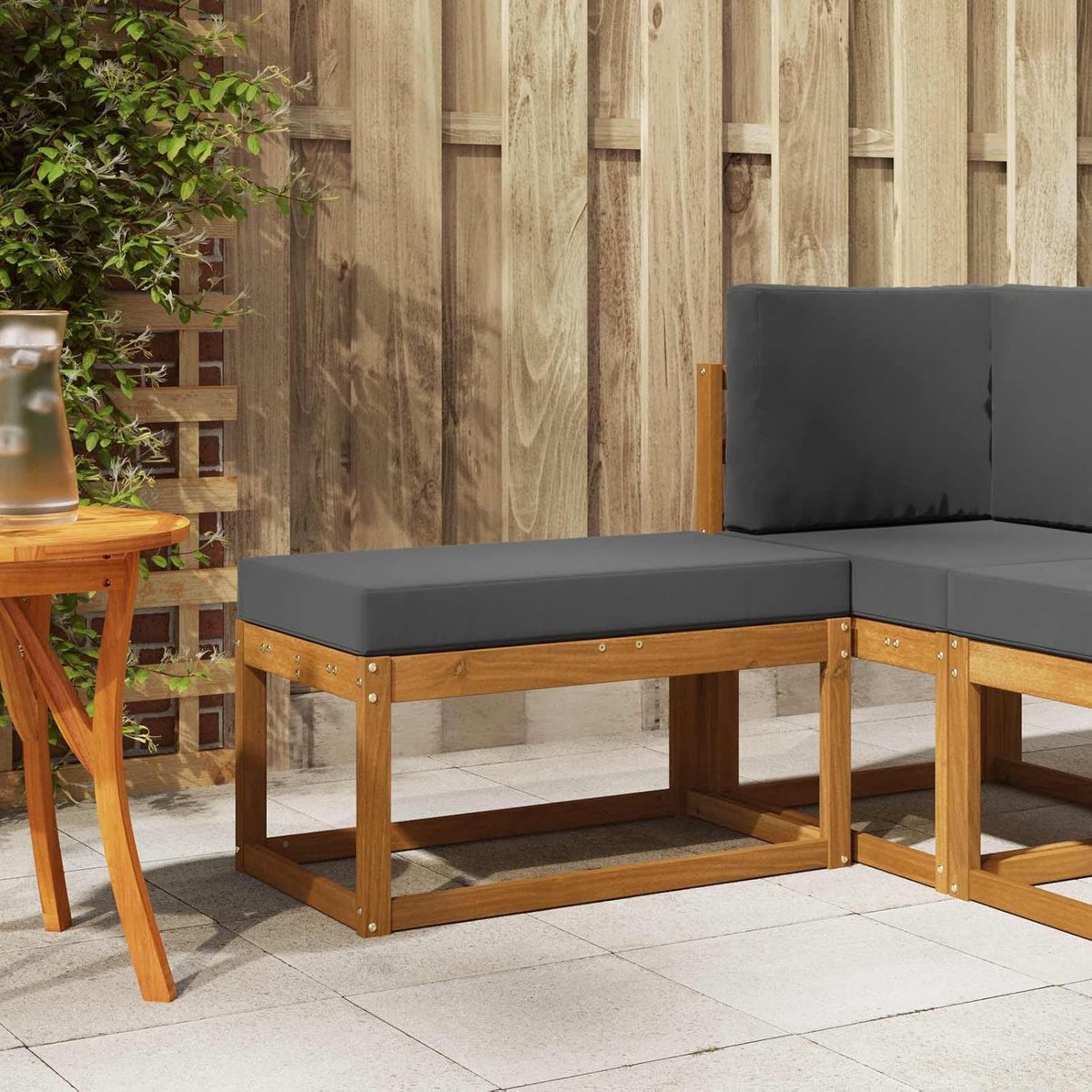 Hoekbank van acaciahout voor balkon en terras, modern design met strakke lijnen, duurzaam en weerbestendig, flexibele zitting voor tuinfeesten