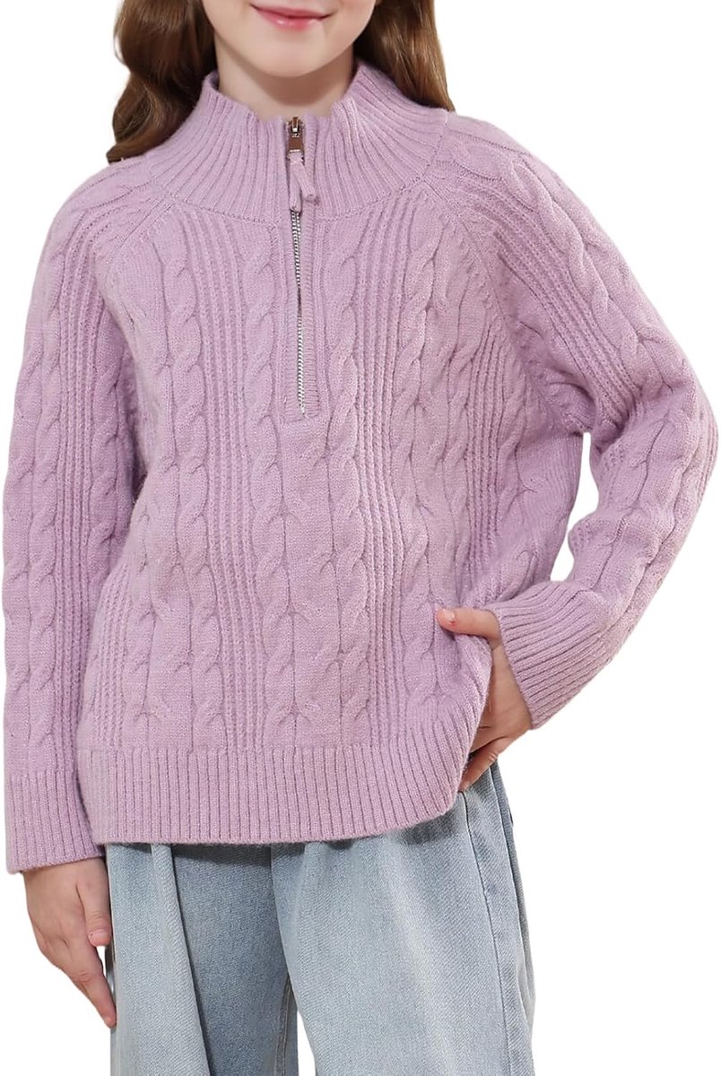 Gebreide Trui met Halve Rits, Staande Kraag Kabeltrui, Warme Lange Mouw Pullover, Zachte Cosy Wintertrui Kinderkleding, Herfst Winter Tops 5-15 Jaar