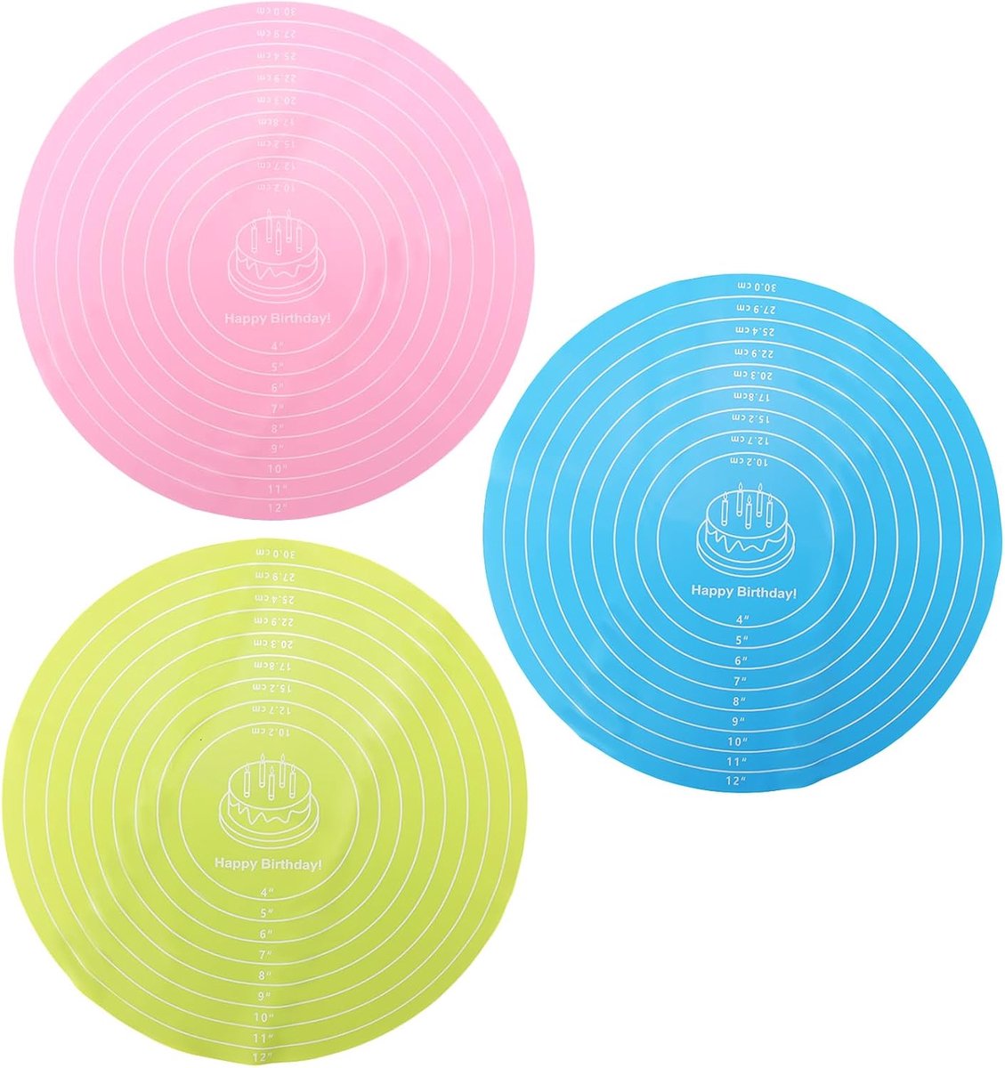 3 Stuks Ronde Siliconen Bakmat, Herbruikbare Antislip Hittebestendige Siliconen Bakmat met Duidelijke Schaalverdeling voor Taartdraaiplateau Pizzadeeg en Deegrollen (Roze, Blauw, Groen)