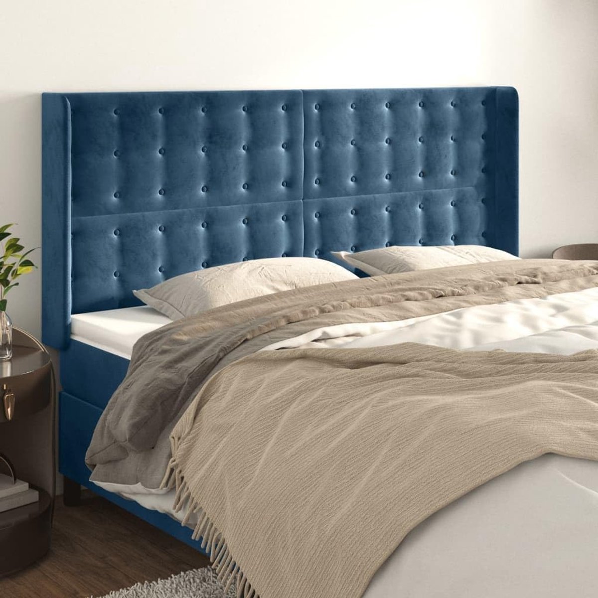 Hoofdbord met oren, donkerblauw, 203 x 16 x 118/128 cm, fluweel, hoofdeinde voor de slaapkamer, hotel, hoofdeinde, werkkamer, voor slaapkamer, tweede slaapkamer, hotel