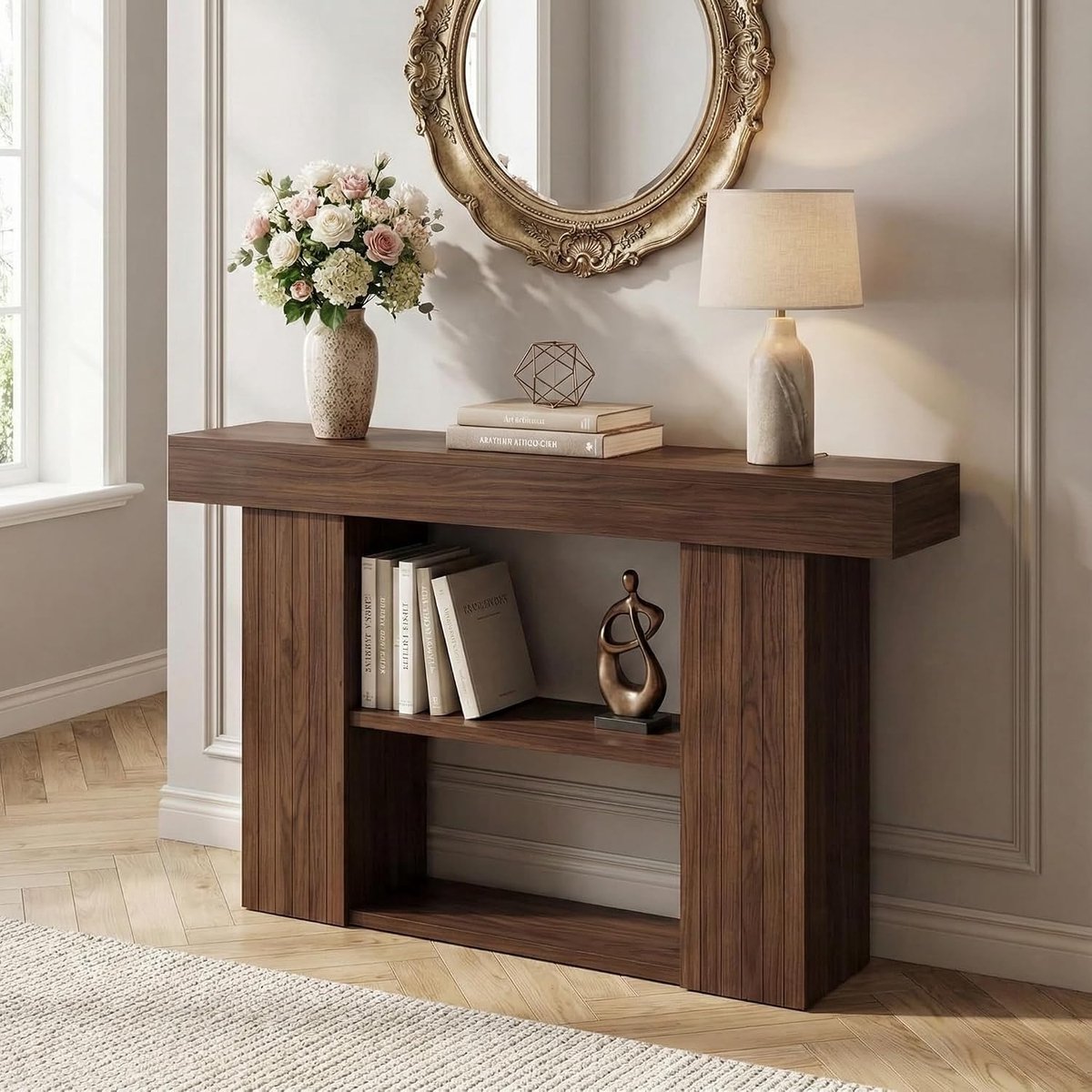 Consoletafel, smalle banktafel, 3 verdiepingen tellende haltafel met planken, entreetafel van hout, entreetafel voor woonkamer, middellange salontafel, 130 x 30 x 76 cm, walnoot