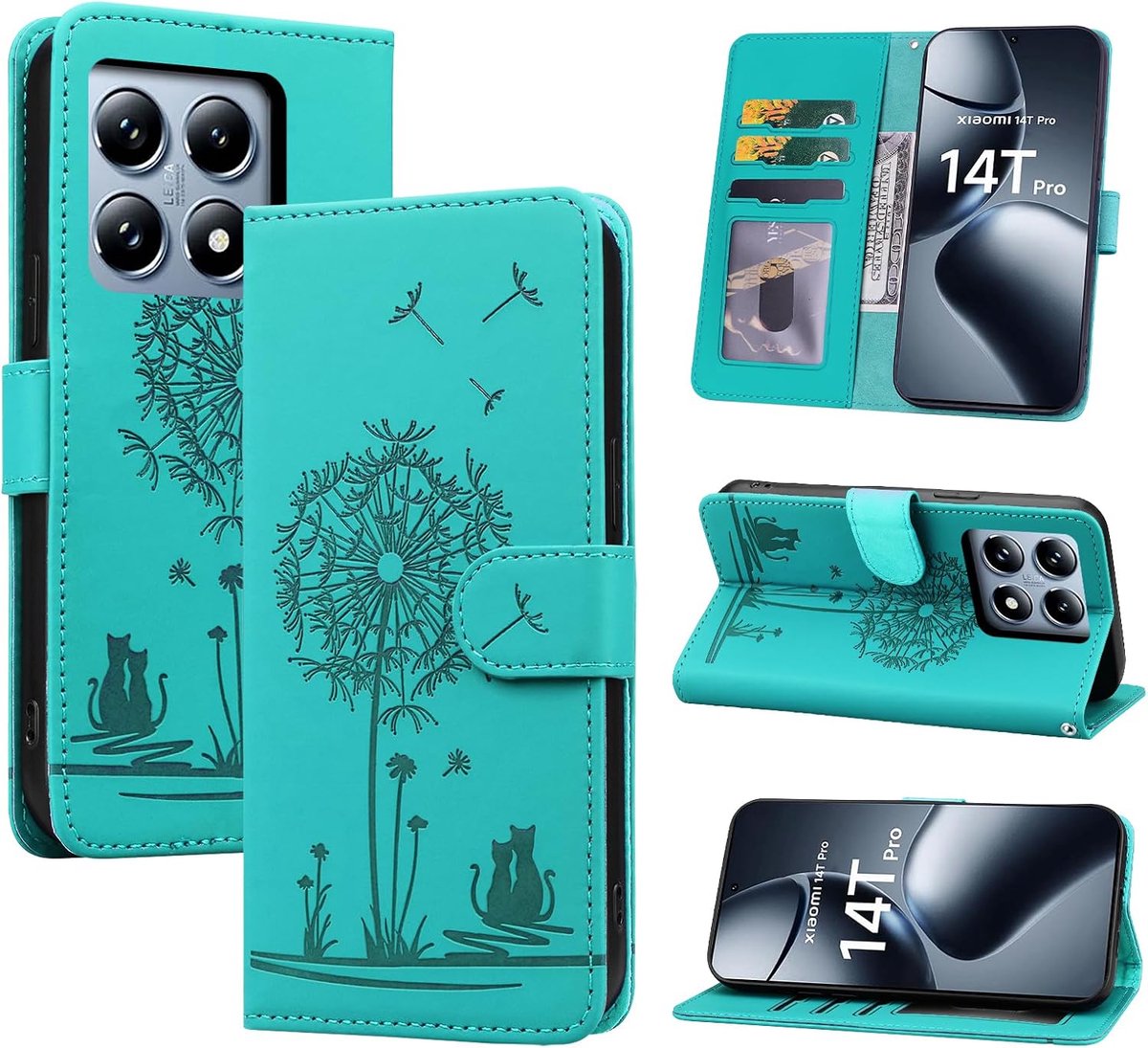 Hoes voor mobiele telefoon voor Xiaomi 14T Pro, premium lederen hoes met kaartenvak, RFID-blokkering, flipcase, tas, standfunctie, klaphoes, beschermhoes, groen