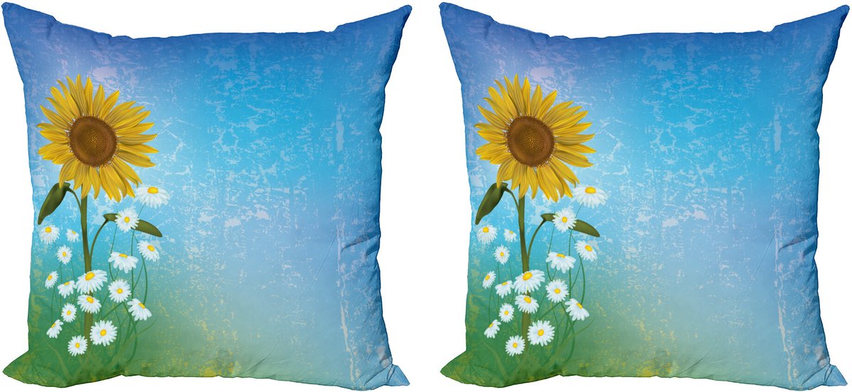 ABAKUHAUS Pastel Sierkussenhoes Set van 2, Sunflowers Kamillen, Modern Accent Dubbelzijdige Digitale Print, 40x40, Blauw Geel Groen