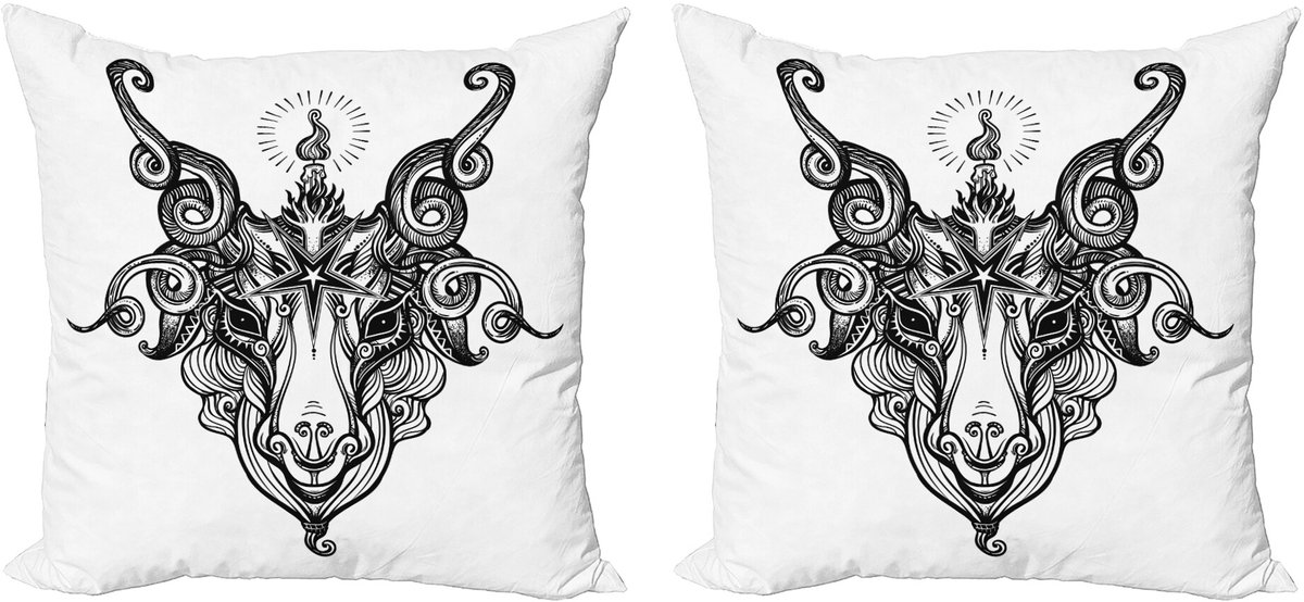 ABAKUHAUS Pentacle Sierkussenhoes Set van 2, Satanische Ziegen Kopf-Skizze, Modern Accent Dubbelzijdige Digitale Print, 40x40, Houtskool Grijs en Wit