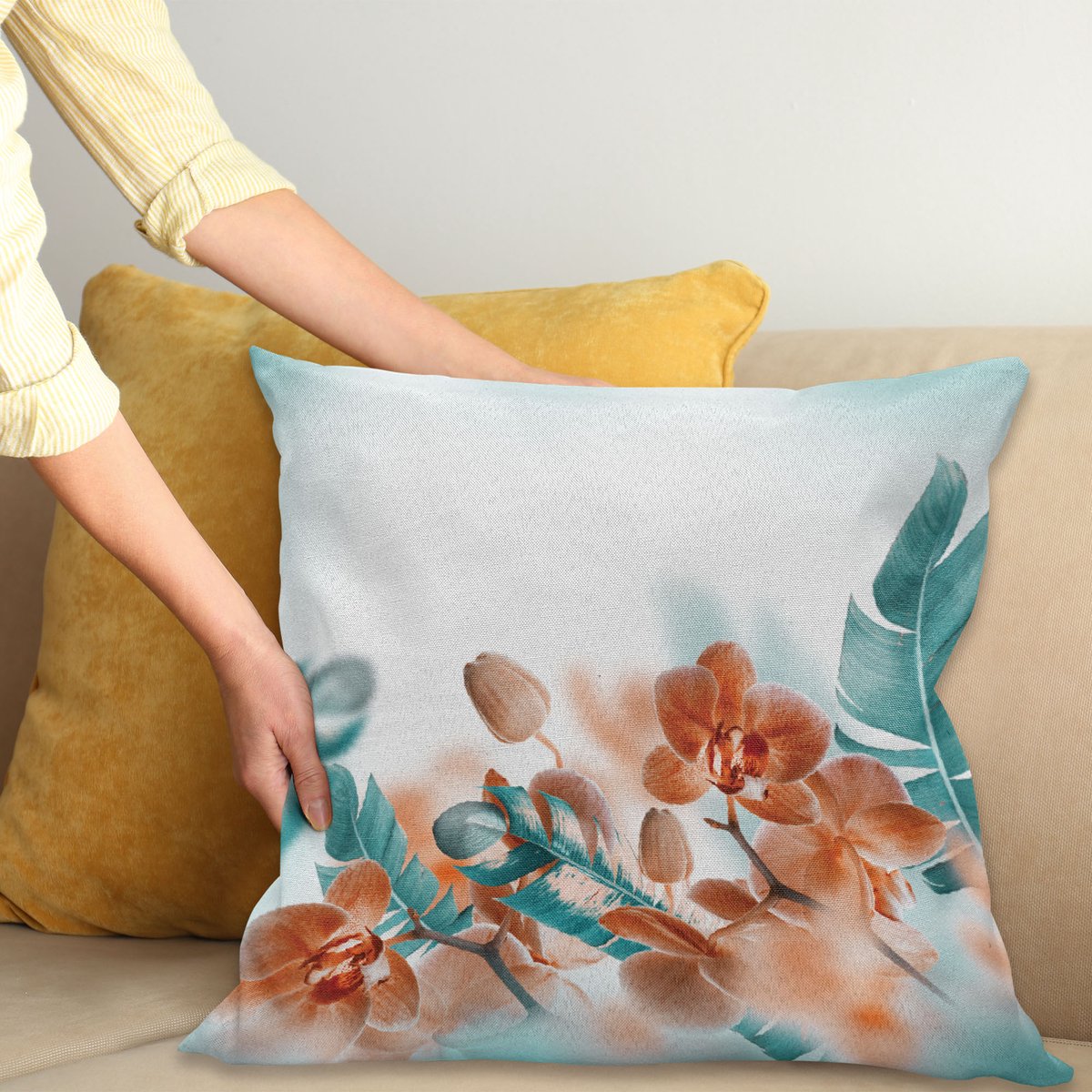 ABAKUHAUS Exotisch Kussenhoes, Orchideen-Bloesems Bloemen, Kussenhoes met Ritssluiting en Dubbelzijdige Print, 45 x 45 cm, Oranje Teal