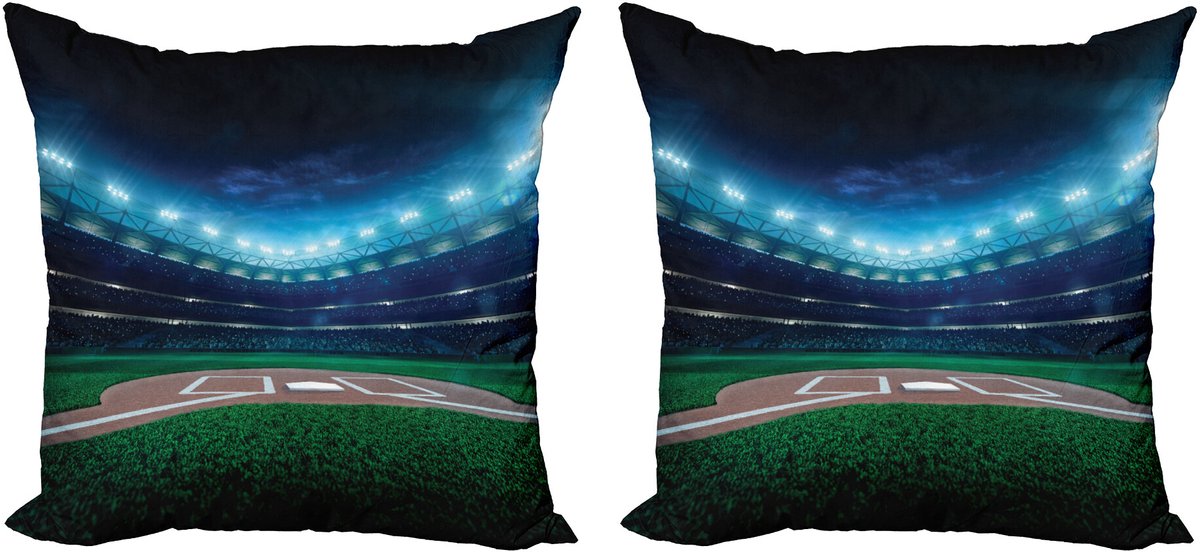 ABAKUHAUS Sport Sierkussenhoes Set van 2, Baseball-Stadion Nacht, Modern Accent Dubbelzijdige Digitale Print, 60x60, Groen Blauw