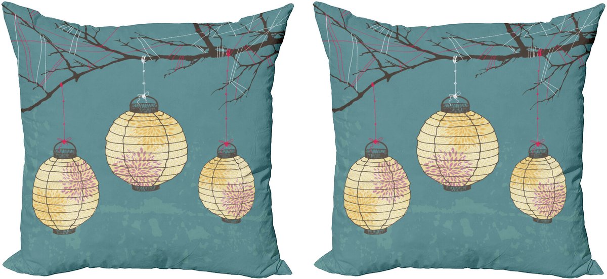ABAKUHAUS Teal Sierkussenhoes Set van 2, Laternen Hanging op Boom, Modern Accent Dubbelzijdige Digitale Print, 60x60, Teal Blassgelb