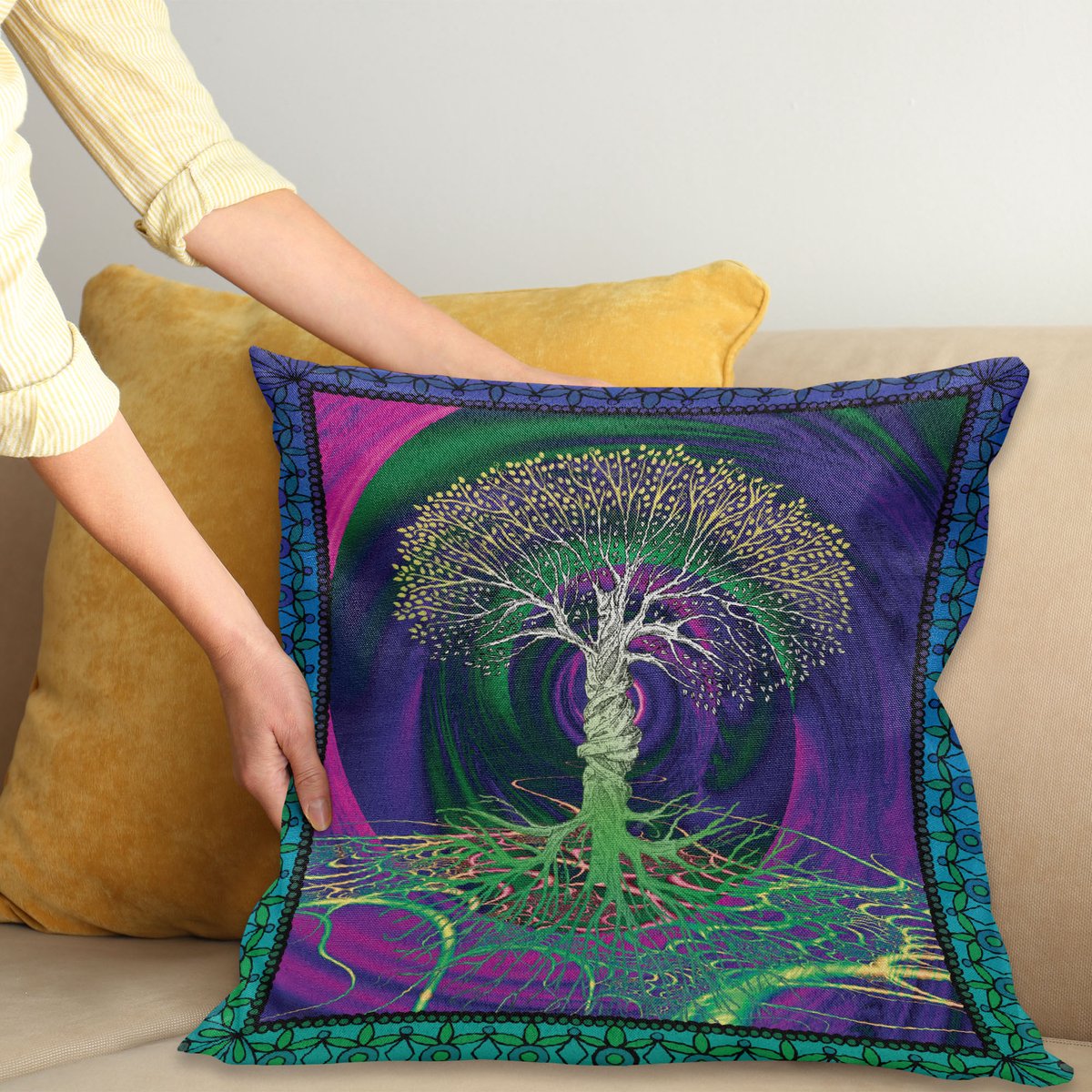 ABAKUHAUS Psychedelisch Kussenhoes, Digitale Psychedelische Kunst, Decoratieve Kussenhoes met Dubbelzijdige Print, Ritssluiting, Wasbaar, 45 x 45 cm, Lila