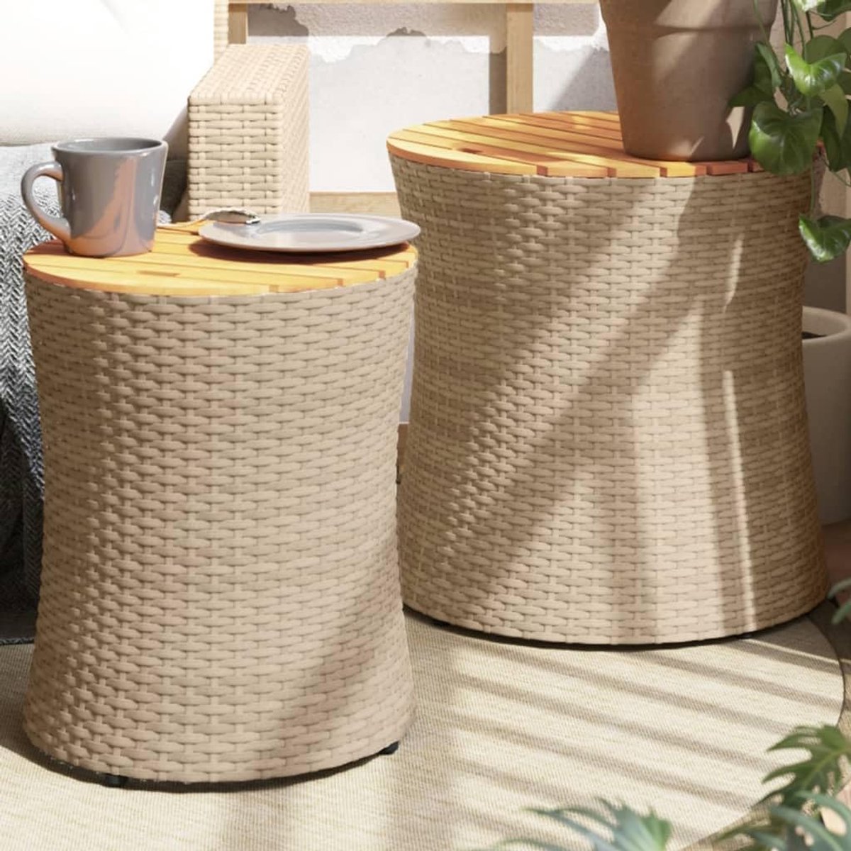Tuintafels, 2 stuks, met beige houten plaat van polyrotan, tuintafel, rechthoekige eettafel, keukentafel, tuintafel, tuintafel, P366290