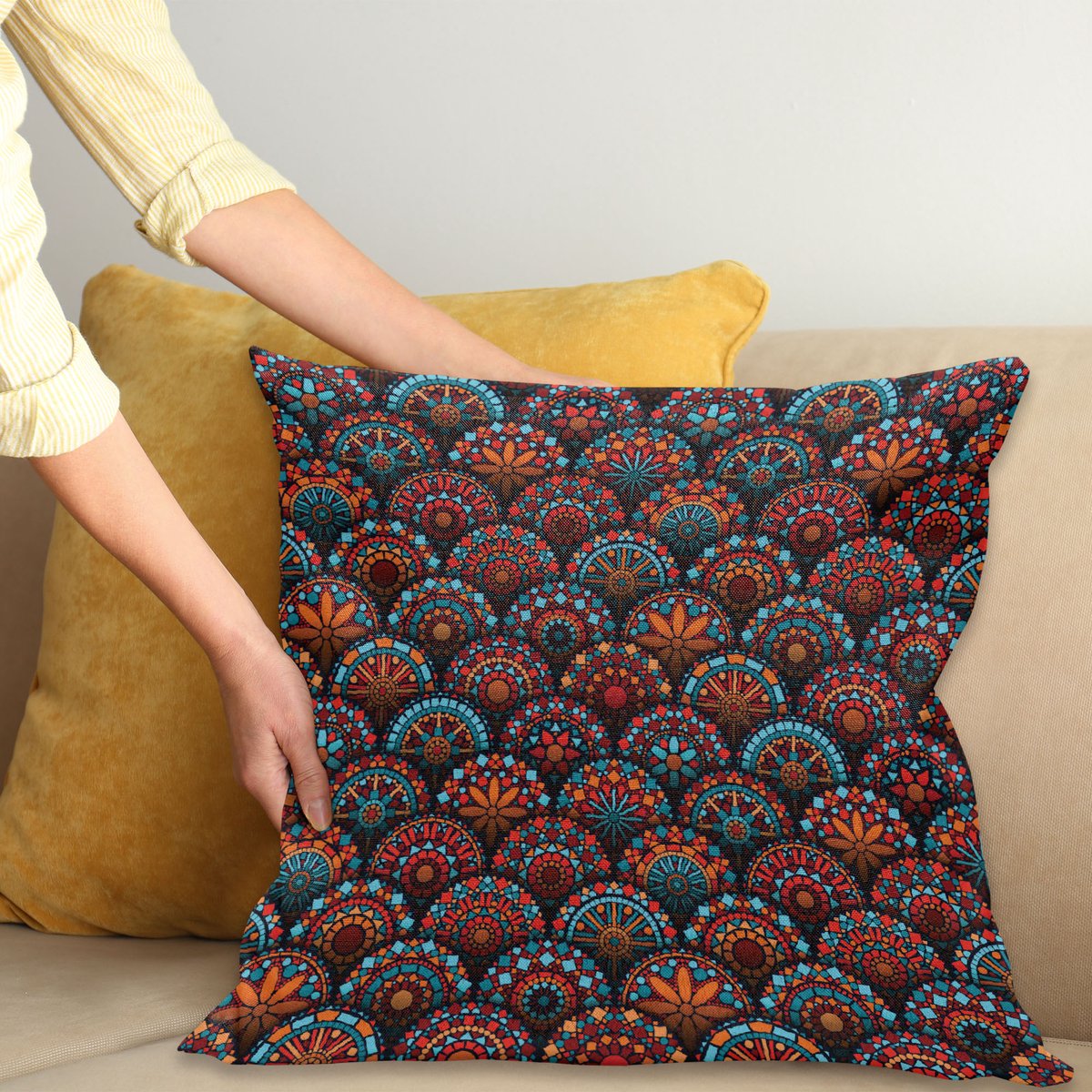 ABAKUHAUS Mandala Kussenhoes, Geometrische Blumenarten, Decoratieve Kussenhoes met Dubbelzijdige Print, Ritssluiting, Wasbaar, 50 x 50 cm, Scarlet Oranje en Blauw