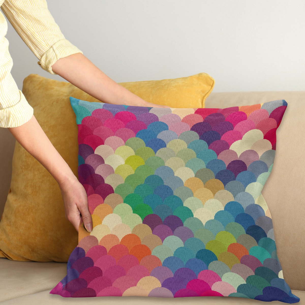 ABAKUHAUS Abstract Kussenhoes, Kleurrijke Retro Scales, Wasbare Sierkussenhoes voor Binnen/Buiten, Dubbelzijdige Print met Ritssluiting, 60 x 60 cm, Meerkleurig