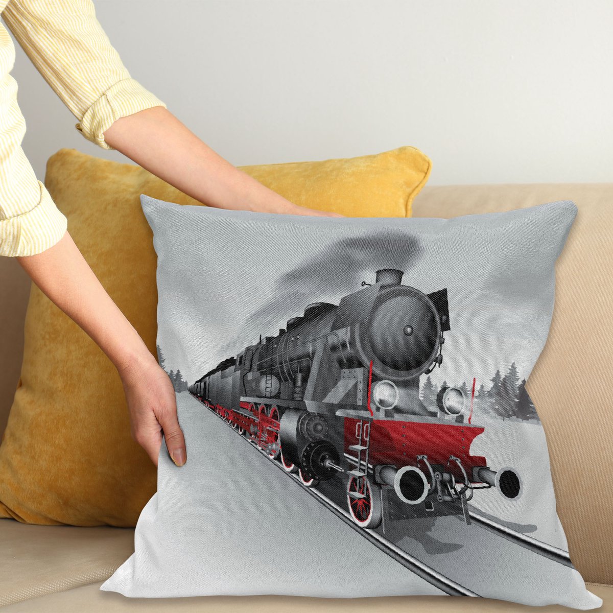 ABAKUHAUS Dampfmaschine Kussenhoes, Bahnzug Kunst, Kussenhoes zonder Binnenkussen, met Ritssluiting, Dubbelzijdige Print, Wasbaar, 50 x 50 cm, Grijs en Rood