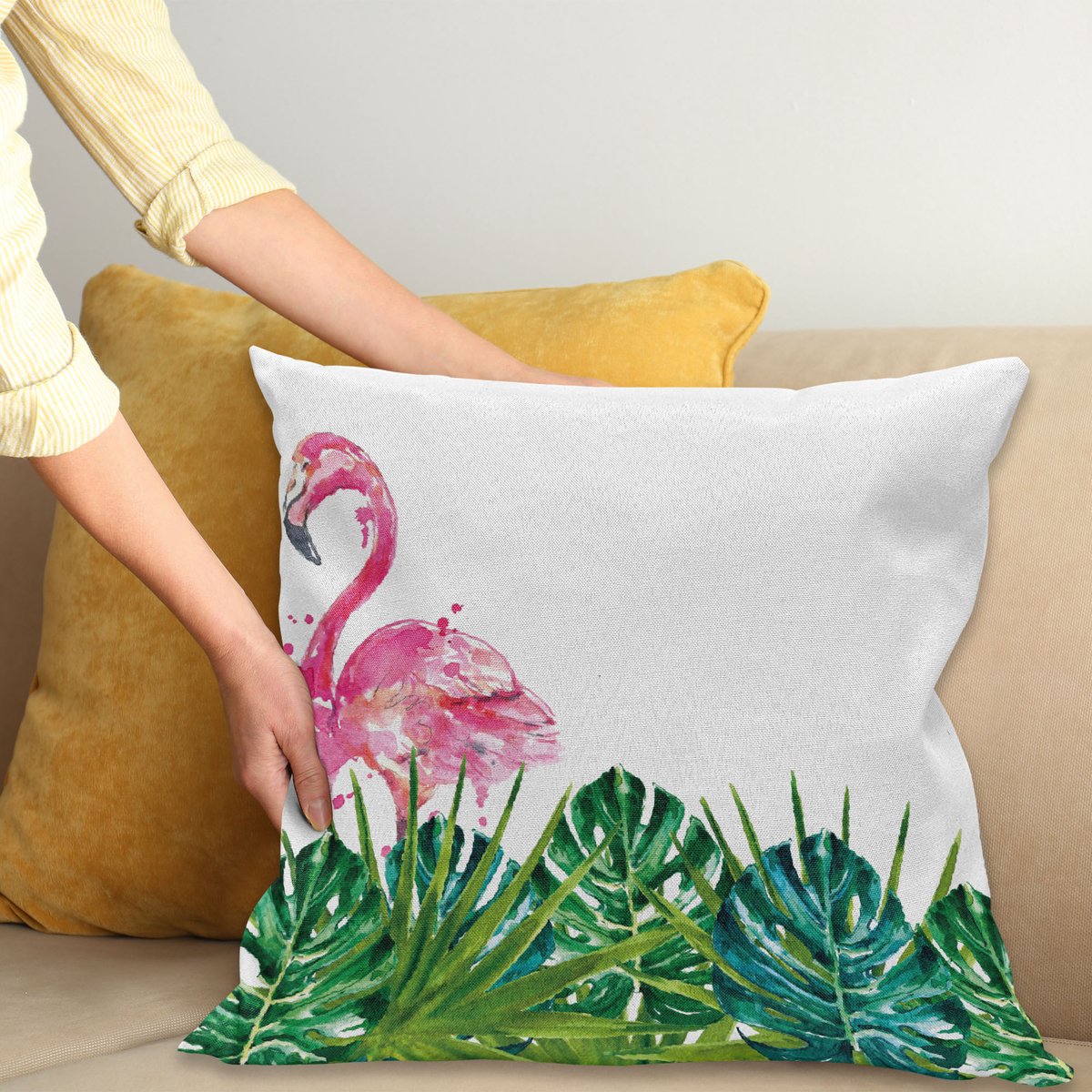 ABAKUHAUS Flamingo Kussenhoes, Exotische Natuur Flamingo, Wasbare Kleurechte Kussenhoes met Digitale Dubbelzijdige Print en Ritssluiting, 40 x 40 cm, Groen Blauw Roze