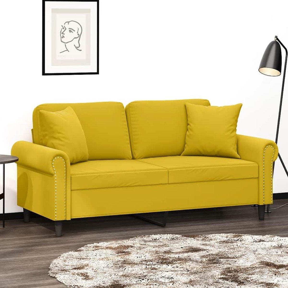2-zitsbank met sierkussen, 140 cm, geel fluweel, modern design met metalen frame voor stabiliteit en comfort