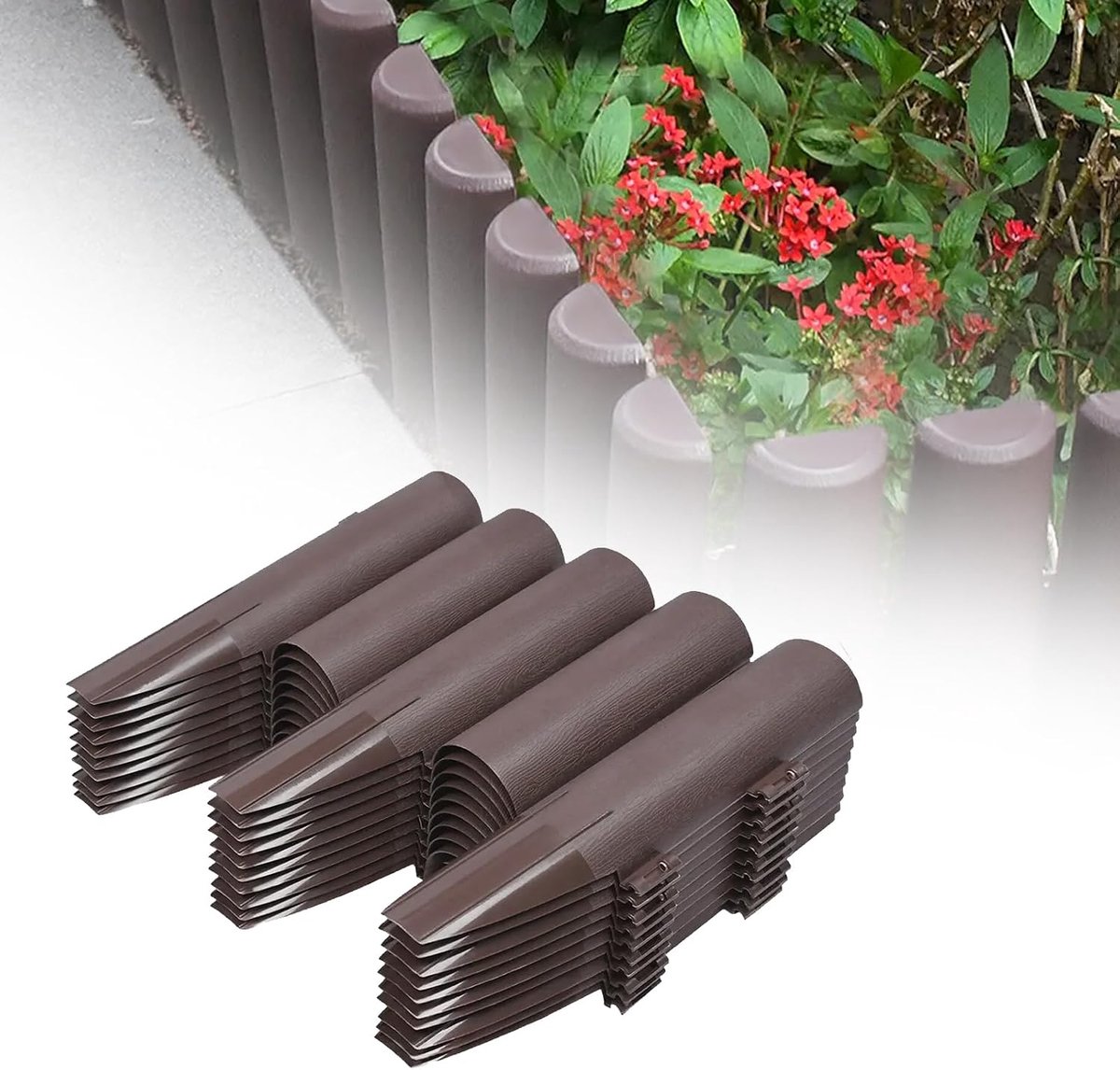 Houten palen, kunststof, perkrandrand, decoratie, bloembegrenzing, tuin, border, tuin, randstenen, 1 element (L x H - 28 x 24 cm), bruin, 30 stuks