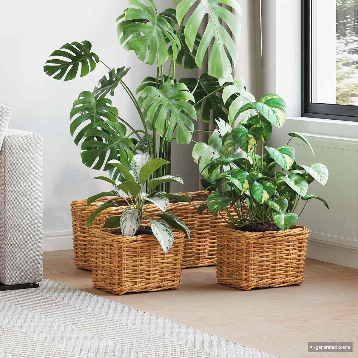 Set 3 stuks. Kubu rotan met inzetstuk natuurbruin