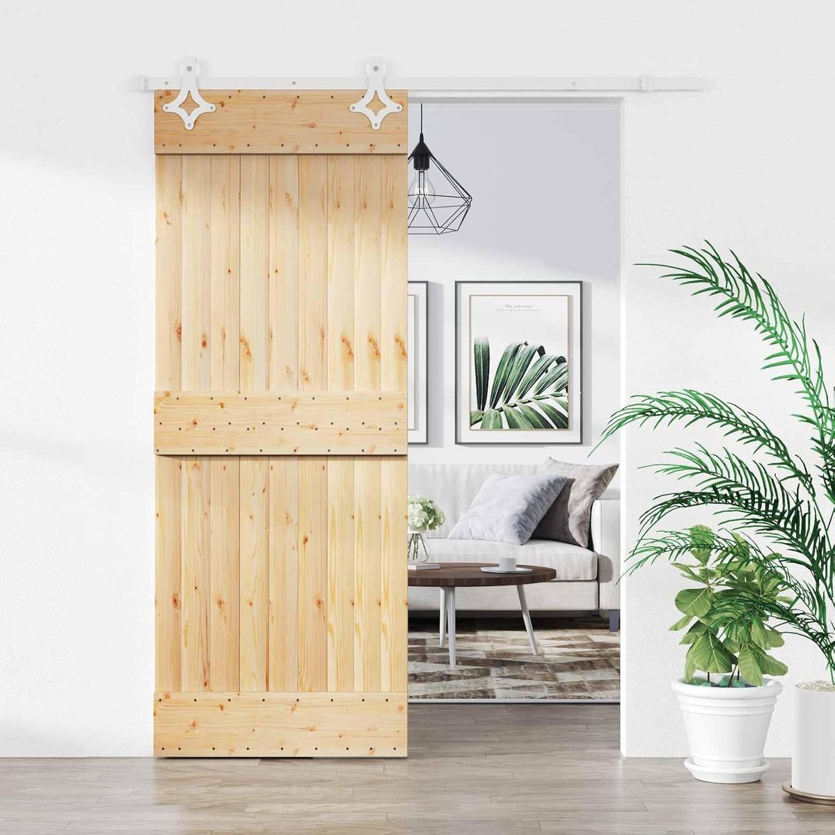 Grenen schuifdeur 85 x 210 cm in naturel en wit, ruimtebesparend ontwerp met gepoedercoate stalen rail en zacht schuifmechanisme voor kleine ruimtes