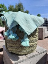 Hand geweven Pompom deken Pastel groen/turquoise