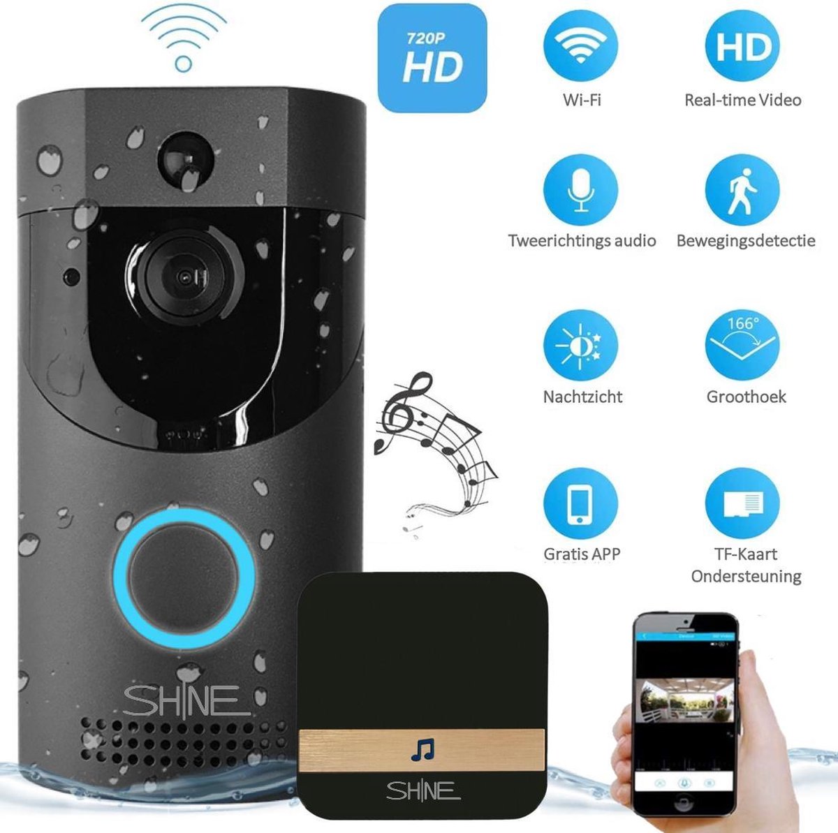 Video deurbel met Camera en WiFi - 2.4 GHz - Intercom - Incl. Cloud-storage & Chime met 52 melodie n
