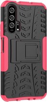 Tire Texture TPU + PC Shockproof Case voor Huawei Honor 20 Pro, met houder (roze)