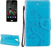 Bloemen reliÃ«f horizontale flip lederen tas voor Wiko U Feel, met houder & kaartsleuven & portemonnee & lanyard (blauw)