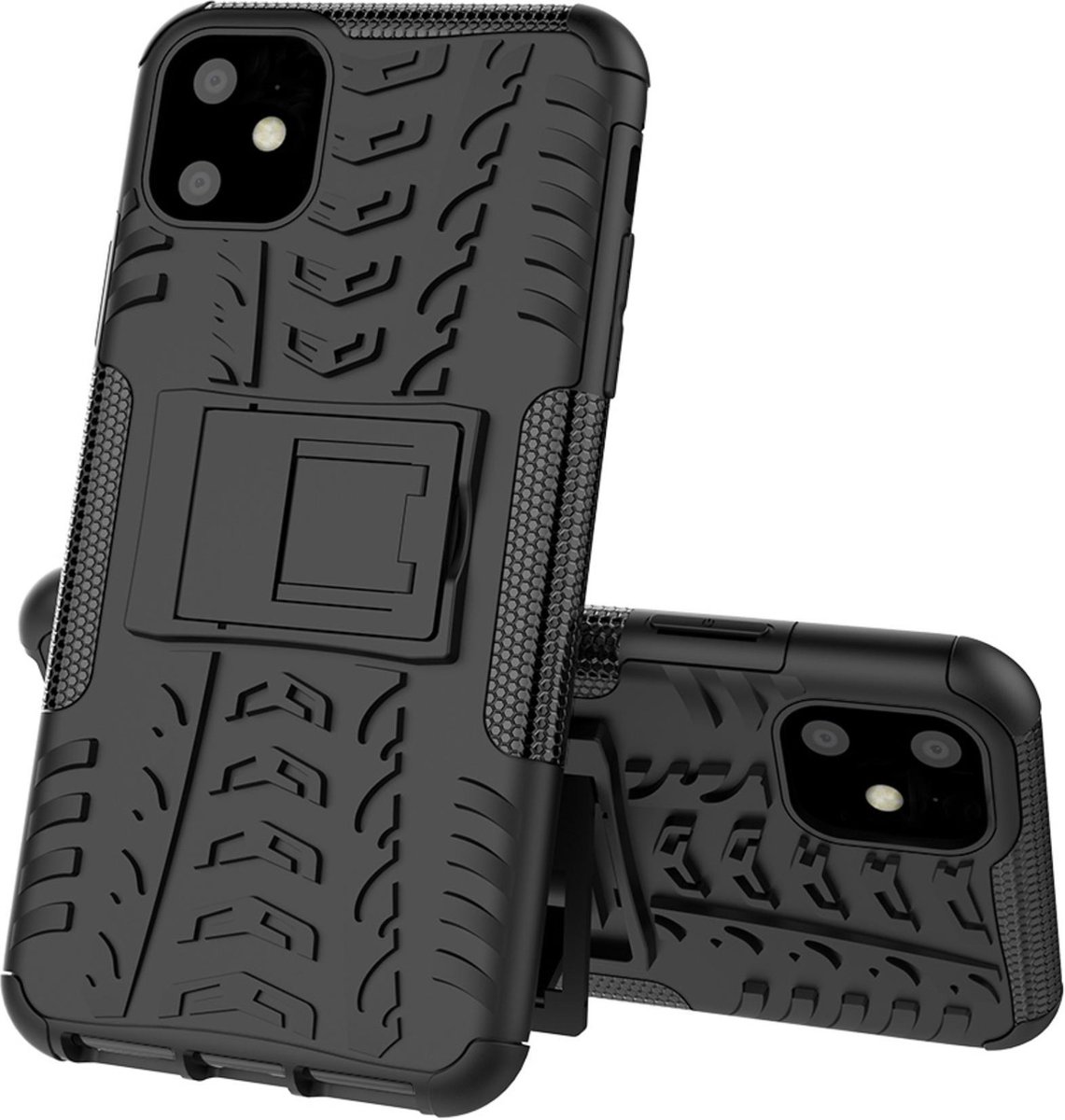 Geschikt voor Apple iPhone 11 Back cover - Zwart - Shockproof Armor - met kickstand