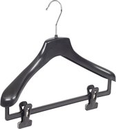 De Kledinghanger Gigant - 5 x Mantel / kostuumhanger kunststof zwart met schouderverbreding en anti-slip knijpers, 36 cm