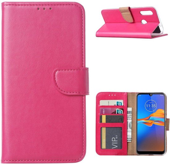 Etui Portefeuille Motorola Moto E6 Plus Rose avec 2 Pièces de Glas Ecran en Verre