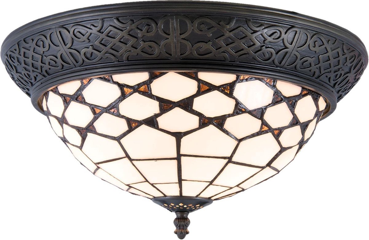 Lumilamp Plafondlamp Tiffany Ø 38x19 Cm Wit Bruin Glas
