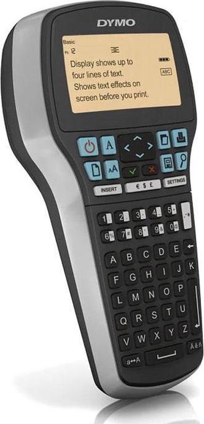 Zijkant van een zwarte en zilverkleurige DYMO labelmaker.