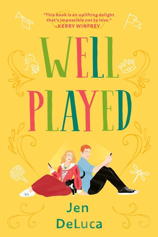 Boekcover: 'Well Played' met tekst 'This book is an uplifting delight that's impossible not to love.' - KERRY WINFREY. Een vrouw in rood en een man in blauw zitten rug aan rug.