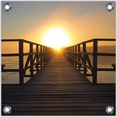 Tuinposter –Steiger aan Strand met Ondergaande Zon -100x100  Foto op Tuinposter  (wanddecoratie voor buiten en binnen)