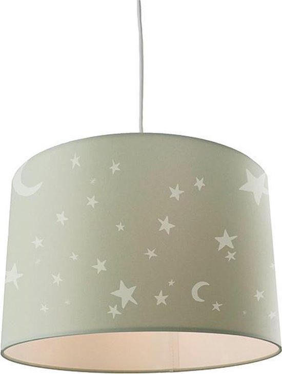Olucia Stars - Kinderkamer hanglamp - Stof - Groen;Wit - Cilinder - 30 cm