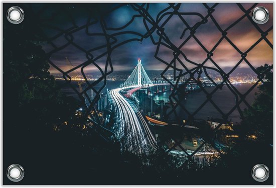 Tuinposter –Verlichte Brug– 40x30 Foto op Tuinposter (wanddecoratie voor buiten en binnen)