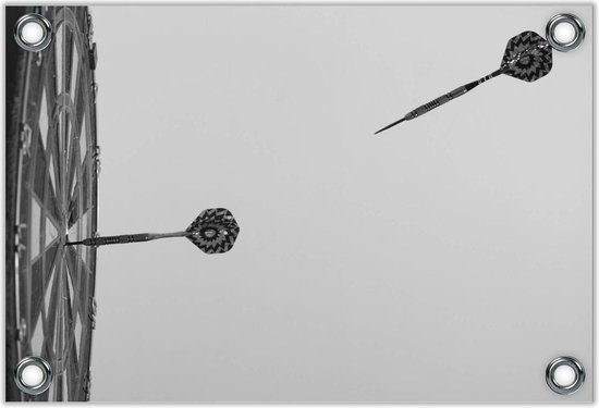 Tuinposter –Dartbordmet Vliegende Dartpijl (zwart/wit)– 40x30 Foto op Tuinposter (wanddecoratie voor buiten en binnen)