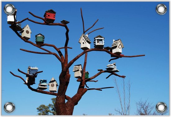 Tuinposter –Vogelhuisjes in Boompje– 90x60 Foto op Tuinposter (wanddecoratie voor buiten en binnen)