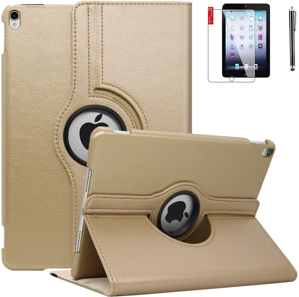 Draaibaar Hoesje Geschikt voor Apple iPad Air 1 & Air 2 (2013 & 2014) / iPad 2017 / iPad 2018 - 9.7 inch Case hoes met Screen Protector en Stylus - goud