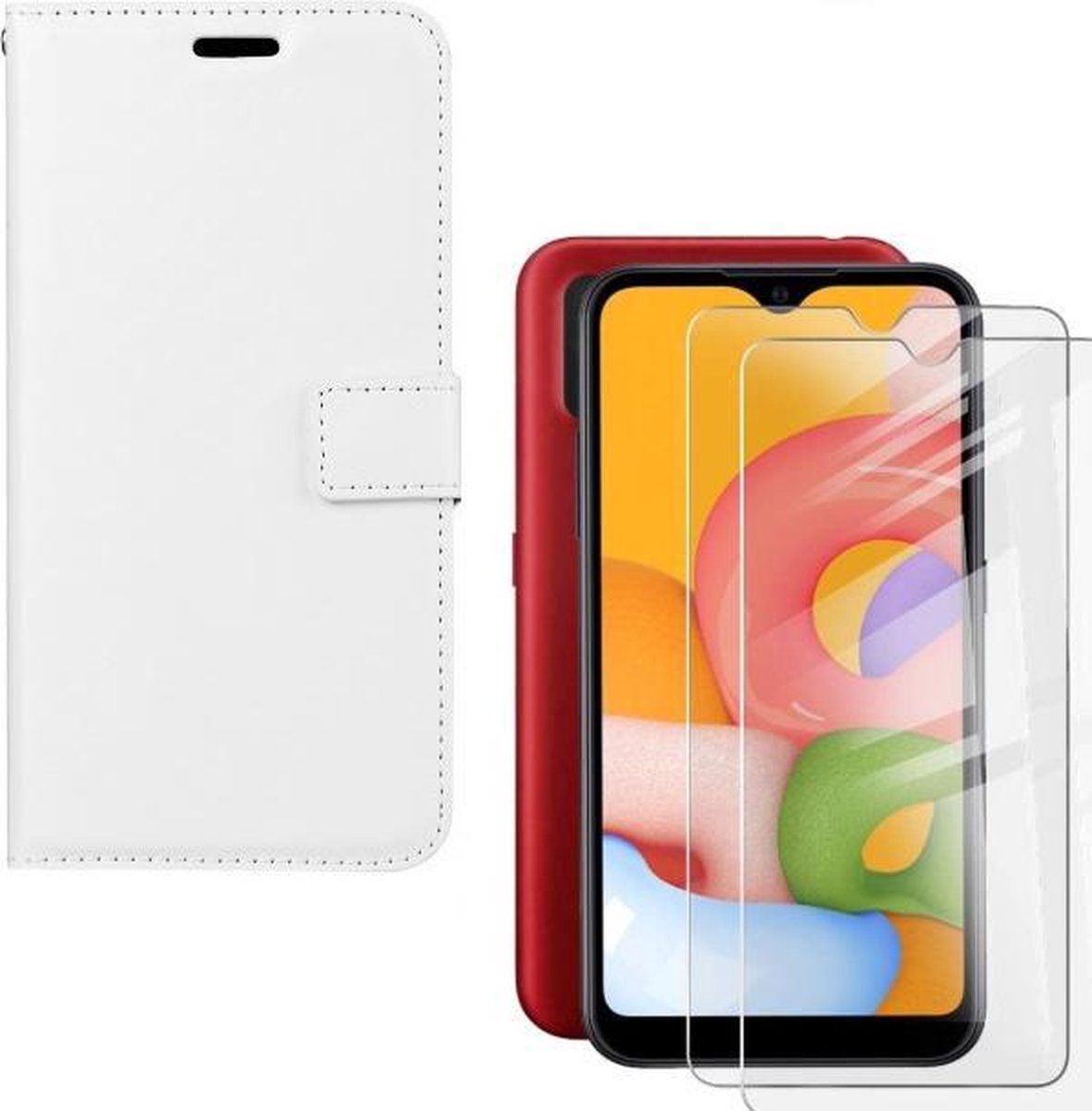 hoesje Geschikt voor: Samsung Galaxy M10 Portemonnee Wit met 2 stuks Glas Screen protector