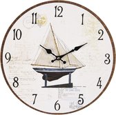 Clayre & Eef Wandklok Ø 34*3 cm / 1*AA Meerkleurig Hout Rond Zeilboot Muurklok Hangklok