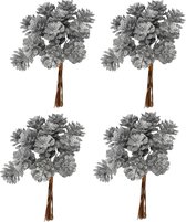 4x Kerststukje instekers bosje van 12 zilveren dennenappels op draad - Kerststukje onderdeken stekers